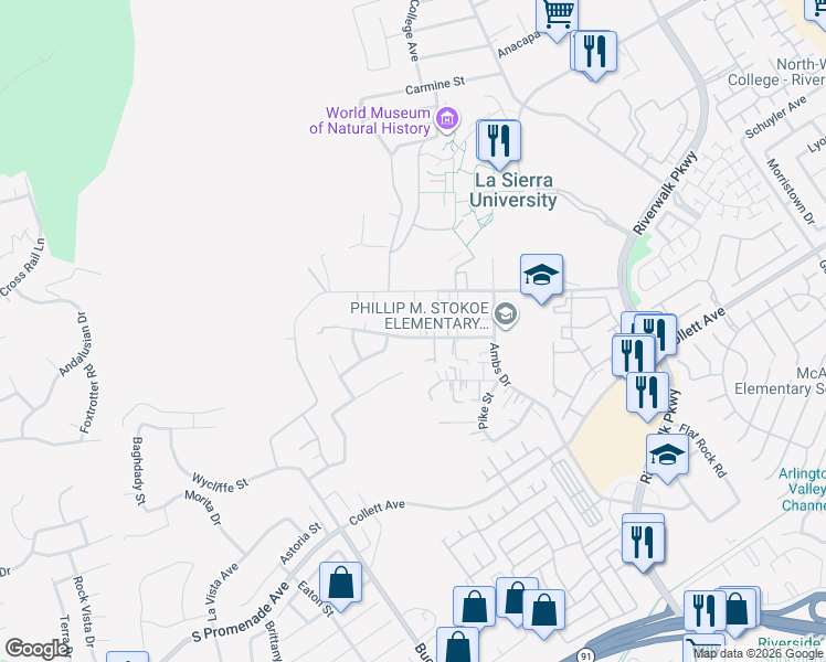 map of restaurants, bars, coffee shops, grocery stores, and more near 12090 Scenic View Terrace in Riverside