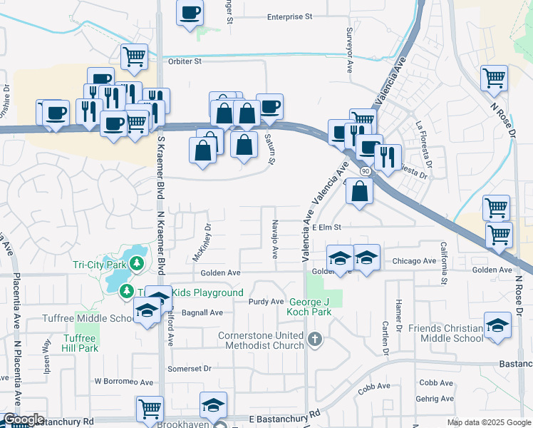 map of restaurants, bars, coffee shops, grocery stores, and more near 437 Cheyenne Place in Placentia