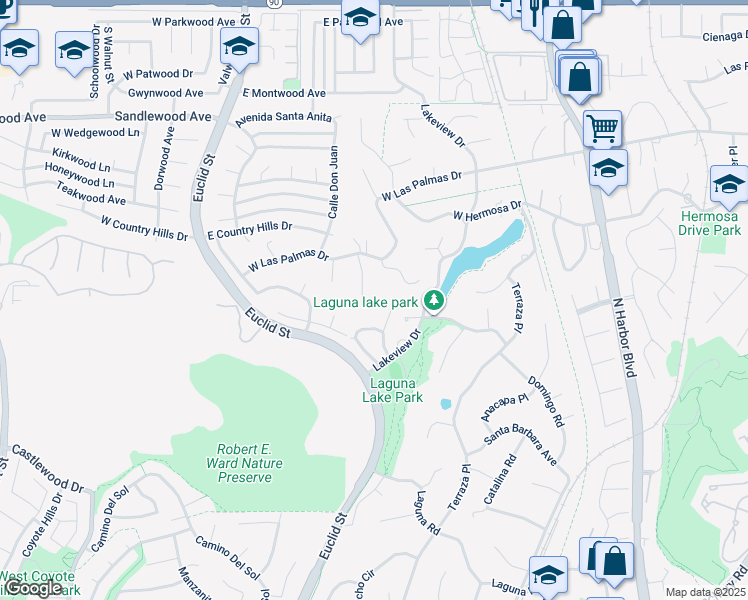 map of restaurants, bars, coffee shops, grocery stores, and more near 2957 Lakeview Way in Fullerton