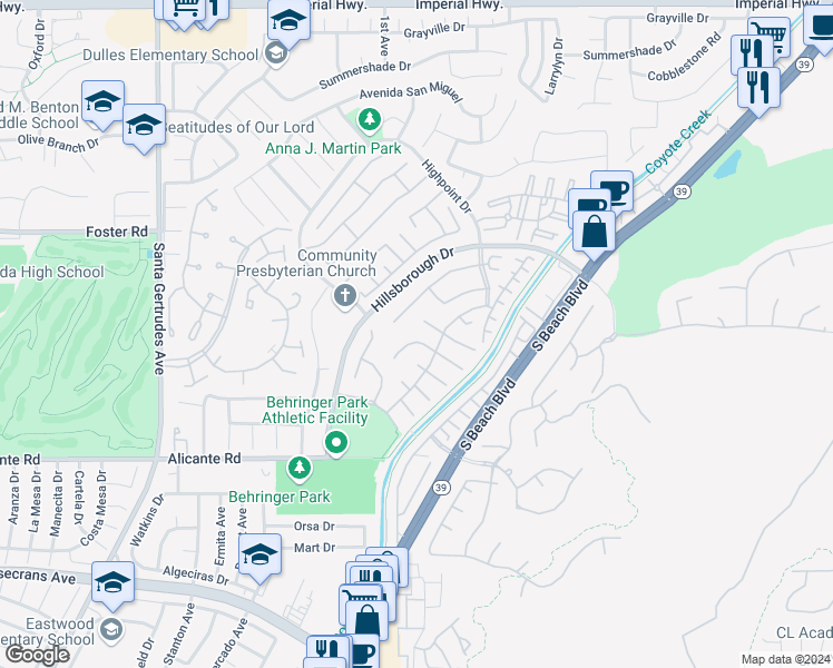 map of restaurants, bars, coffee shops, grocery stores, and more near 16237 Fieldcrest Court in La Mirada