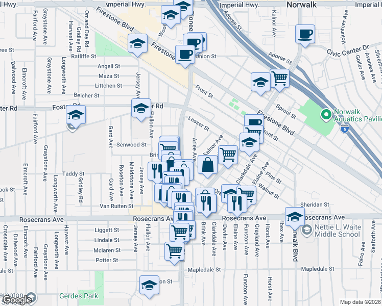 map of restaurants, bars, coffee shops, grocery stores, and more near in Norwalk