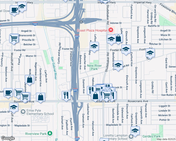 map of restaurants, bars, coffee shops, grocery stores, and more near 10807 Leffingwell Road in Norwalk