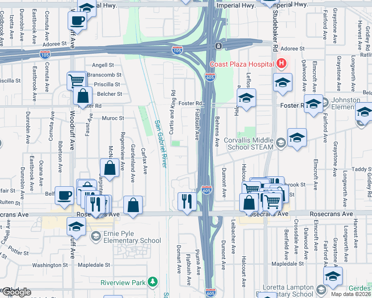 map of restaurants, bars, coffee shops, grocery stores, and more near 10632 Firwood Court in Norwalk
