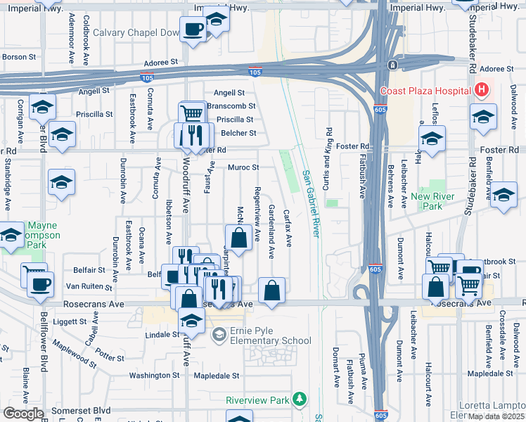 map of restaurants, bars, coffee shops, grocery stores, and more near 10416 Arthurdale Street in Bellflower