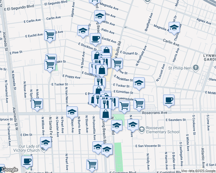 map of restaurants, bars, coffee shops, grocery stores, and more near 1413 North Bullis Road in Compton