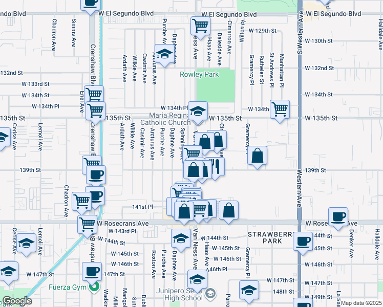 map of restaurants, bars, coffee shops, grocery stores, and more near 13808 Spinning Avenue in Gardena