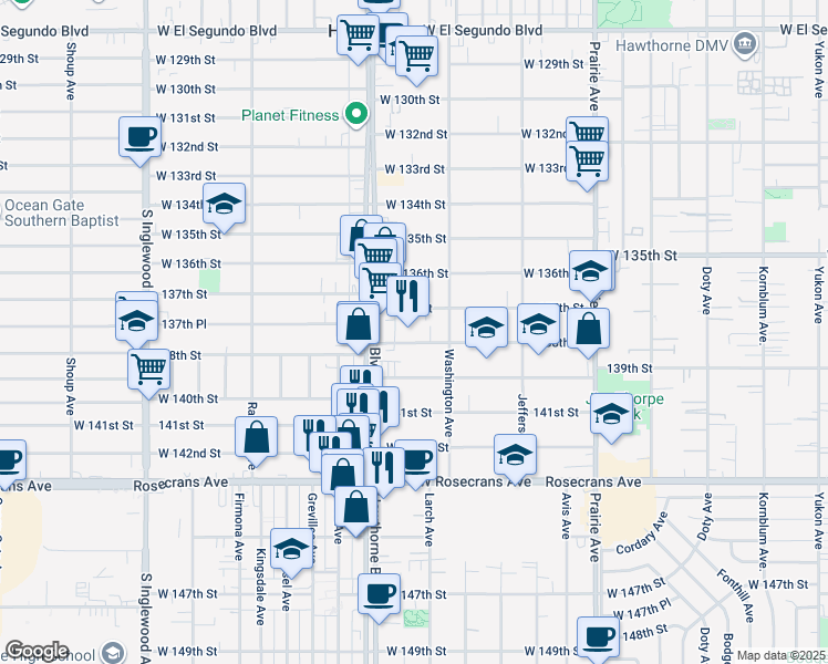 map of restaurants, bars, coffee shops, grocery stores, and more near 4386 138th Street in Hawthorne