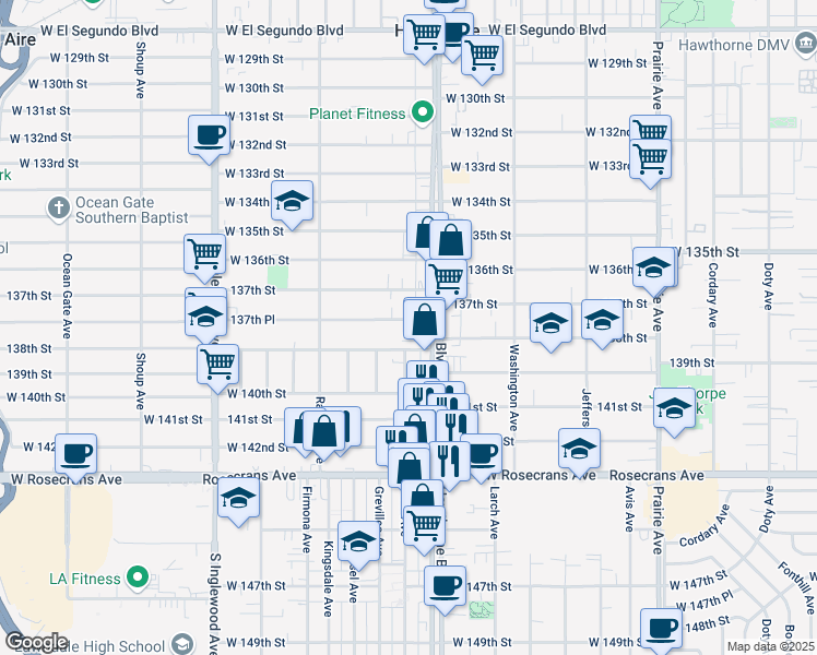 map of restaurants, bars, coffee shops, grocery stores, and more near 13801 Hawthorne Boulevard in Hawthorne