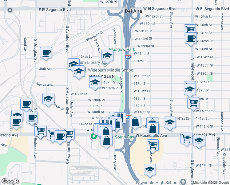 map of restaurants, bars, coffee shops, grocery stores, and more near 5305 West 138th Place in Hawthorne