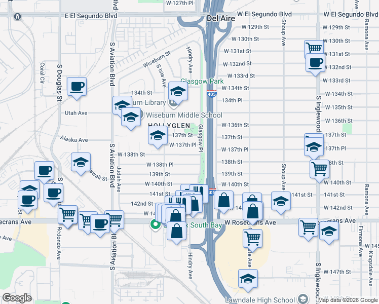 map of restaurants, bars, coffee shops, grocery stores, and more near 5305 West 138th Place in Hawthorne