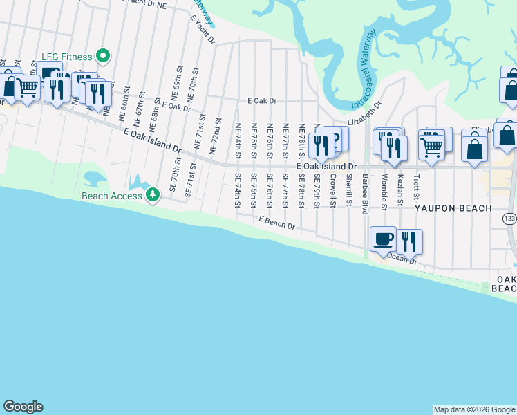 map of restaurants, bars, coffee shops, grocery stores, and more near 126 Southeast 75th Street in Oak Island