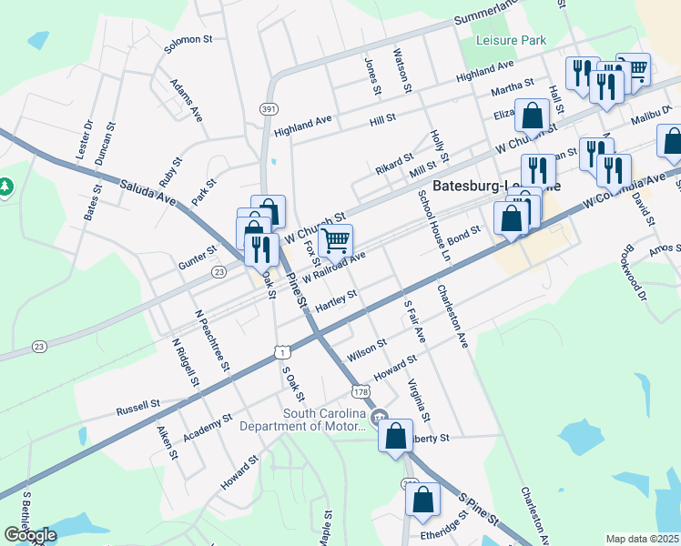 map of restaurants, bars, coffee shops, grocery stores, and more near 111 Perry Street in Batesburg-Leesville