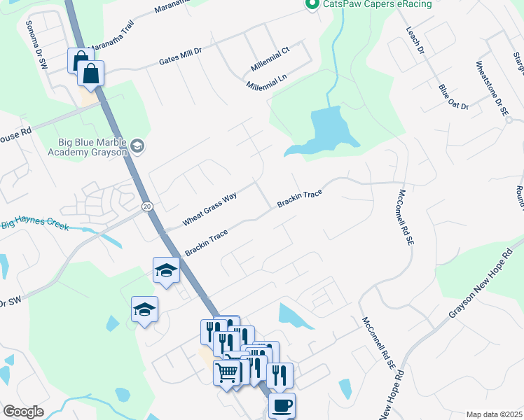 map of restaurants, bars, coffee shops, grocery stores, and more near 361 Brackin Trace in Grayson