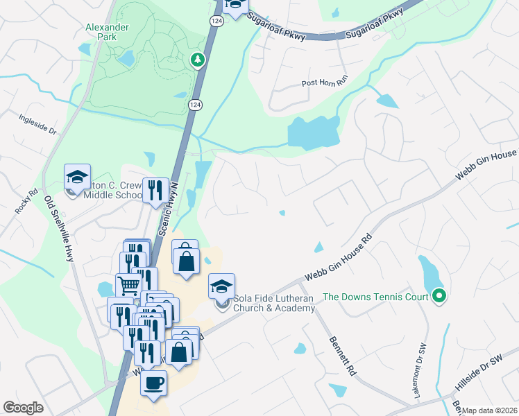 map of restaurants, bars, coffee shops, grocery stores, and more near 1107 Shady Spring Way Southwest in Lawrenceville
