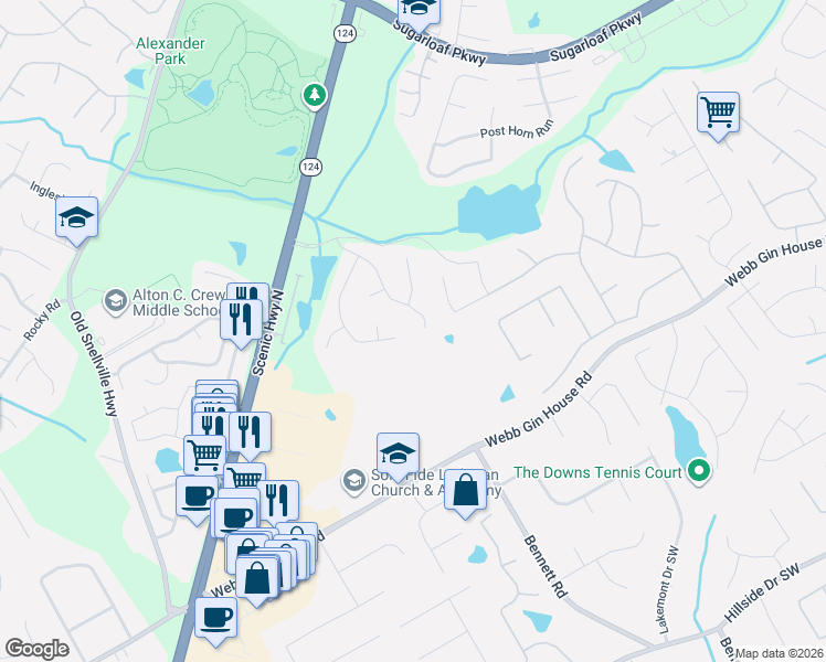 map of restaurants, bars, coffee shops, grocery stores, and more near 1107 Shady Spring Way Southwest in Lawrenceville