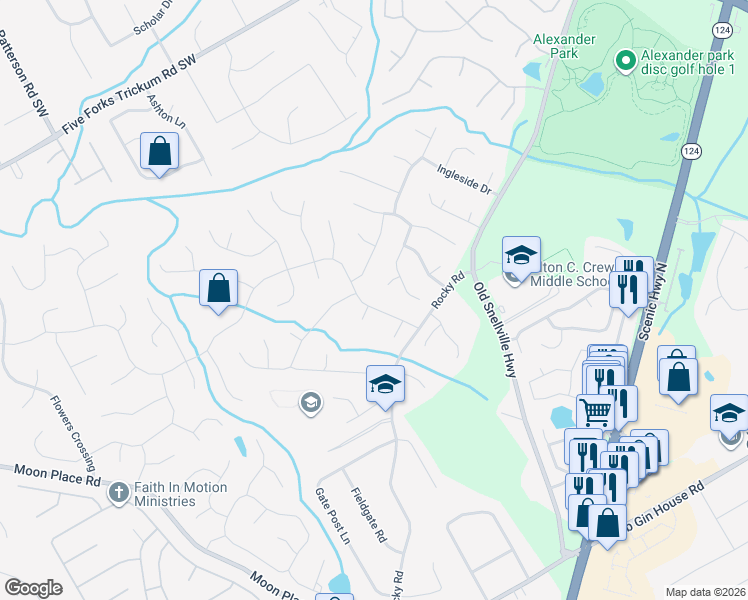map of restaurants, bars, coffee shops, grocery stores, and more near 1481 Providence Drive in Lawrenceville