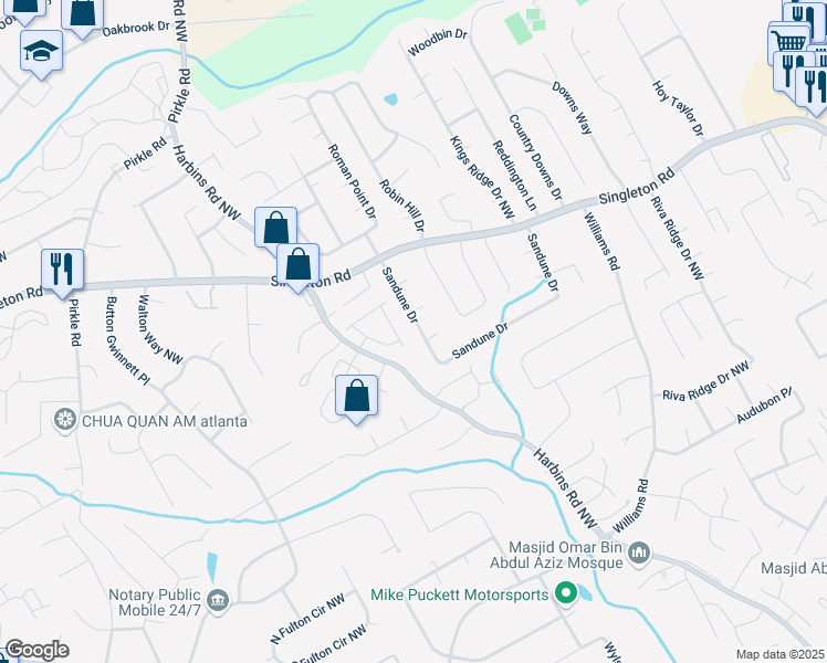 map of restaurants, bars, coffee shops, grocery stores, and more near 893 Sandune Drive in Norcross