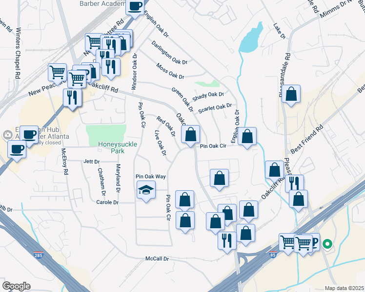 map of restaurants, bars, coffee shops, grocery stores, and more near 3376 Pin Oak Circle in Doraville