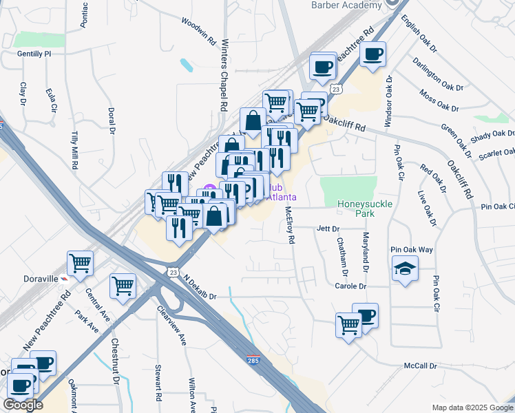 map of restaurants, bars, coffee shops, grocery stores, and more near 5689 Buford Highway Northeast in Doraville