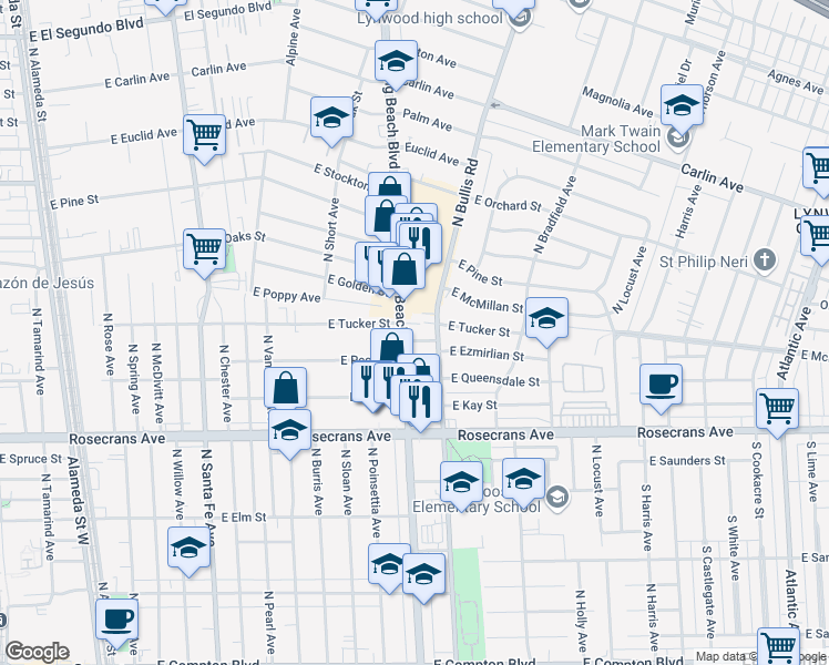 map of restaurants, bars, coffee shops, grocery stores, and more near 1413 North Bullis Road in Compton