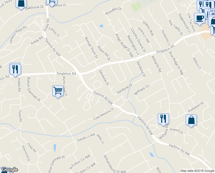 map of restaurants, bars, coffee shops, grocery stores, and more near 893 Sandune Drive in Norcross