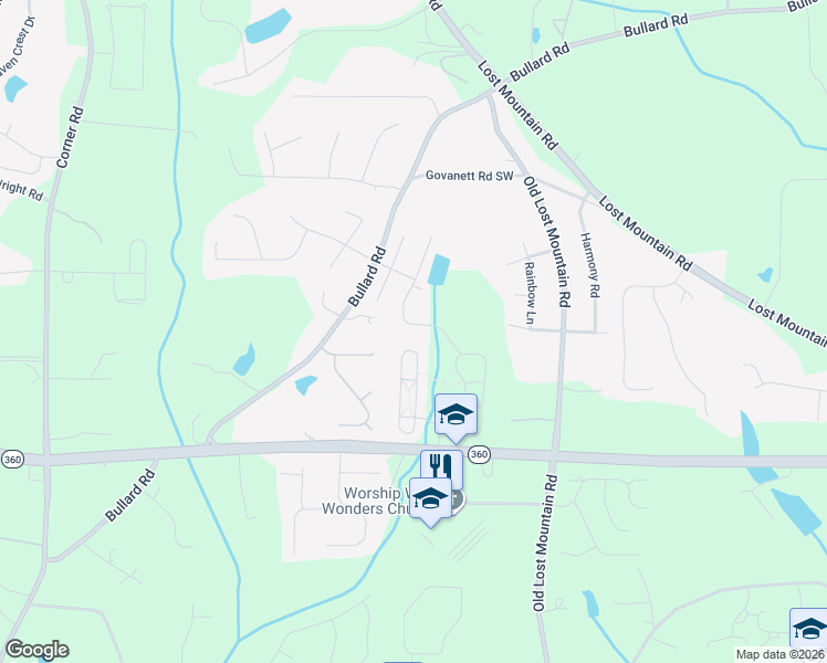 map of restaurants, bars, coffee shops, grocery stores, and more near 2015 Living Springs Circle in Powder Springs