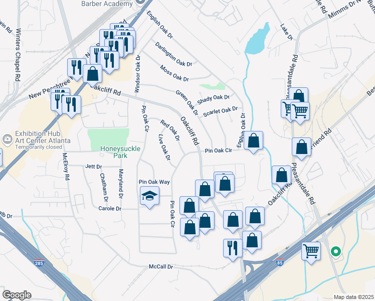 map of restaurants, bars, coffee shops, grocery stores, and more near 3376 Pin Oak Circle in Doraville
