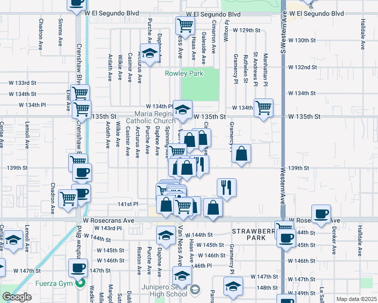 map of restaurants, bars, coffee shops, grocery stores, and more near 13850 Van Ness Avenue in Gardena