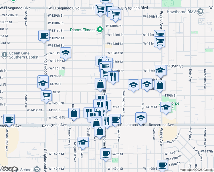 map of restaurants, bars, coffee shops, grocery stores, and more near 4386 138th Street in Hawthorne