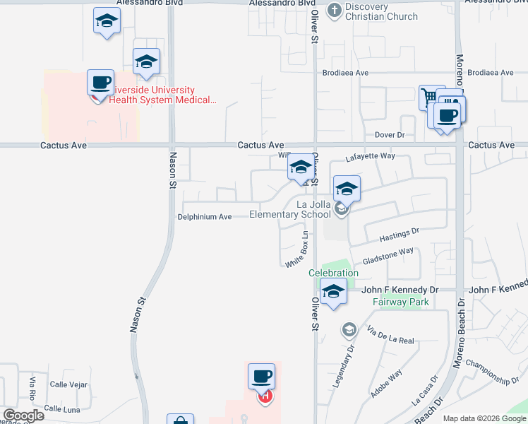 map of restaurants, bars, coffee shops, grocery stores, and more near 27336 Delphinium Avenue in Moreno Valley