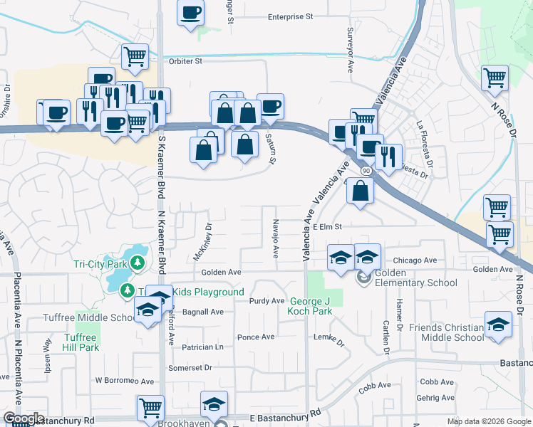 map of restaurants, bars, coffee shops, grocery stores, and more near 437 Cheyenne Place in Placentia