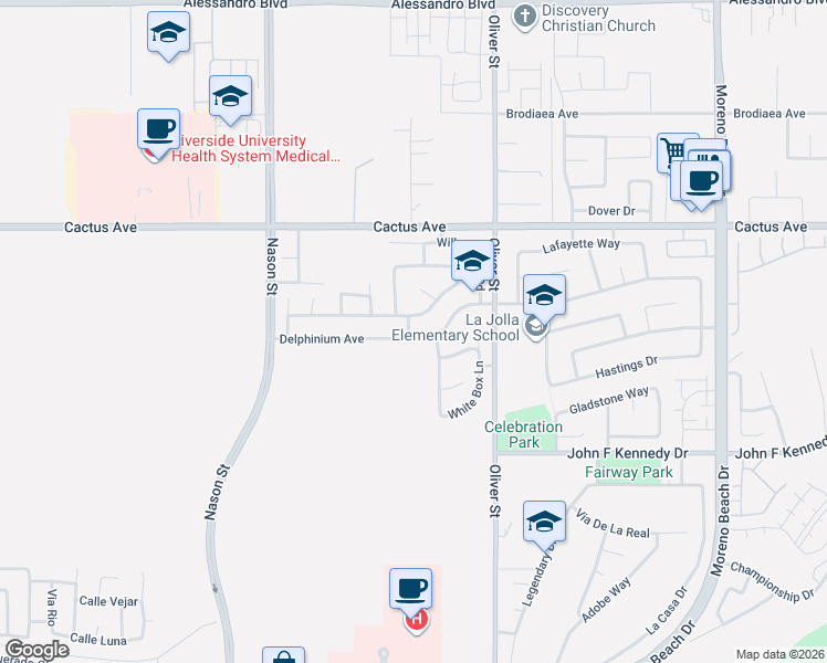 map of restaurants, bars, coffee shops, grocery stores, and more near 27336 Delphinium Avenue in Moreno Valley