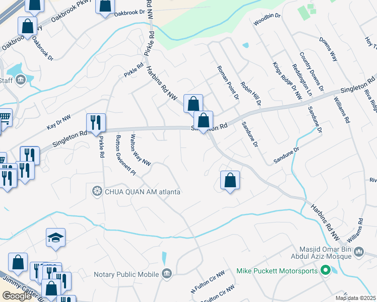 map of restaurants, bars, coffee shops, grocery stores, and more near 5575 Rock Place Court in Norcross