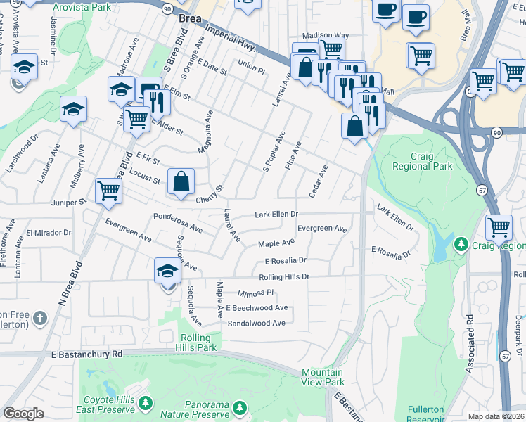 map of restaurants, bars, coffee shops, grocery stores, and more near 1755 Lark Ellen Drive in Fullerton