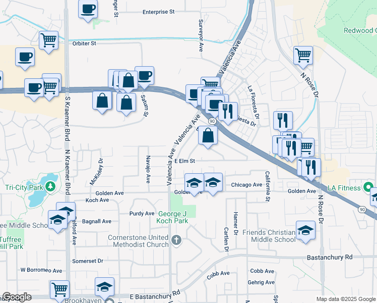 map of restaurants, bars, coffee shops, grocery stores, and more near 3200 East Elm Street in Brea