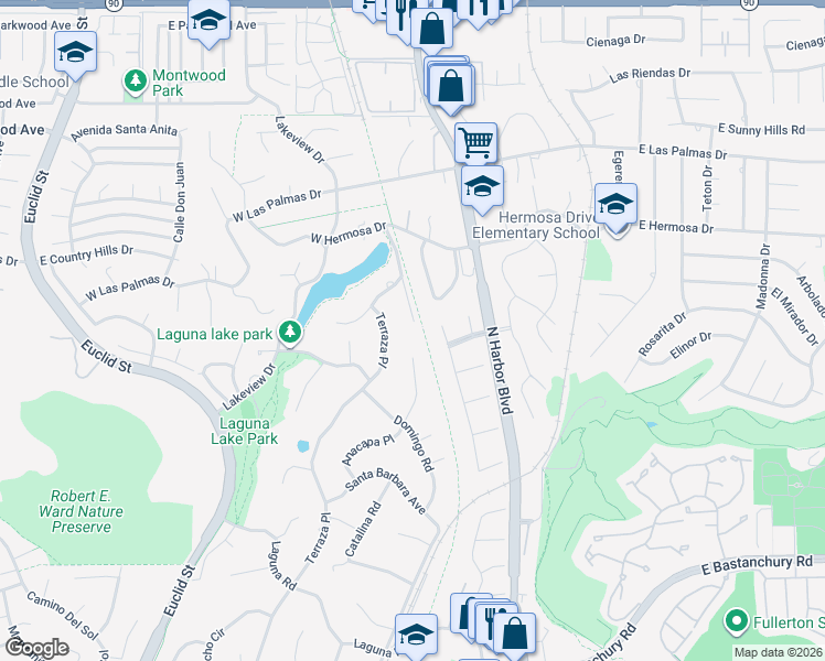 map of restaurants, bars, coffee shops, grocery stores, and more near 3107 Santa Rosa Place in Fullerton