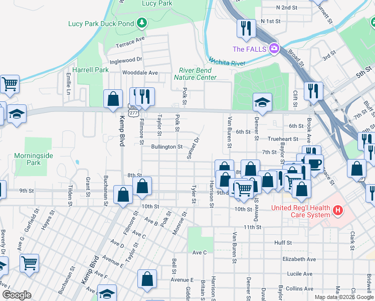 map of restaurants, bars, coffee shops, grocery stores, and more near 622 Sunset Drive in Wichita Falls