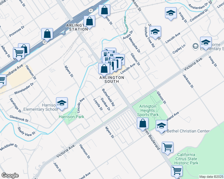 map of restaurants, bars, coffee shops, grocery stores, and more near 9560 Charter Oak Lane in Riverside