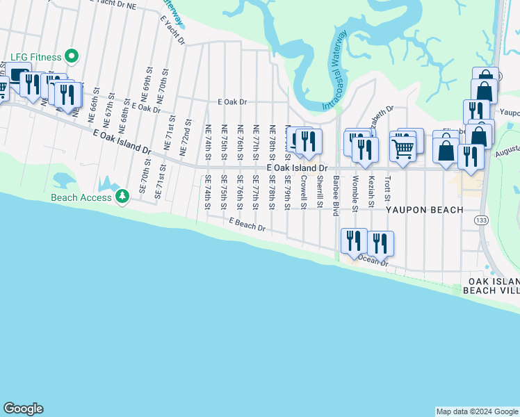 map of restaurants, bars, coffee shops, grocery stores, and more near 206 Southeast 77th Street in Oak Island