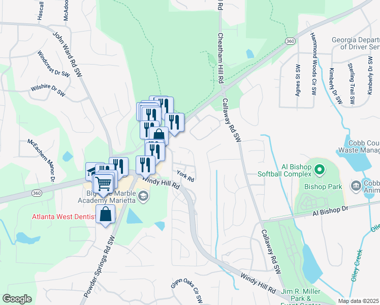 map of restaurants, bars, coffee shops, grocery stores, and more near 193 Ardmore Road Southwest in Marietta