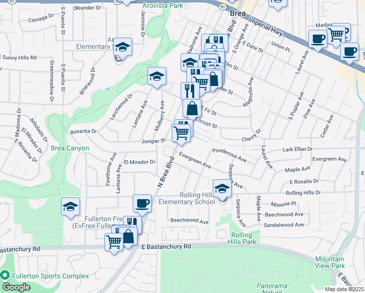 map of restaurants, bars, coffee shops, grocery stores, and more near 3020 North Brea Boulevard in Fullerton
