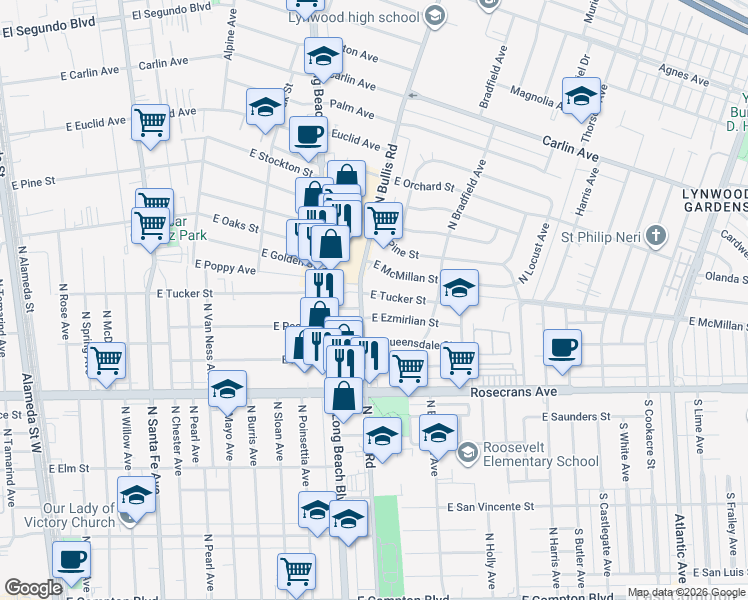 map of restaurants, bars, coffee shops, grocery stores, and more near 1508 East Tucker Street in Compton