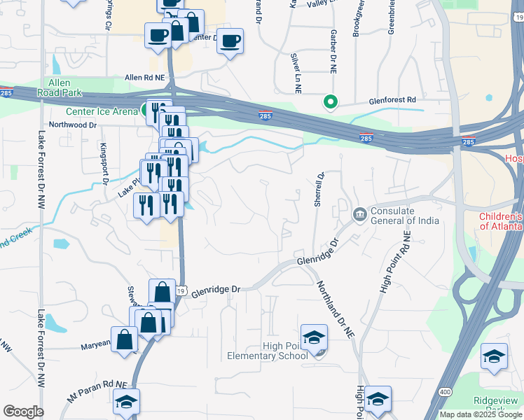 map of restaurants, bars, coffee shops, grocery stores, and more near 5540 Windy Ridge Drive Northeast in Atlanta