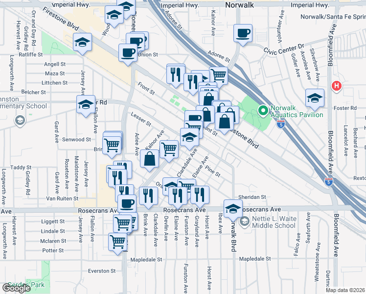 map of restaurants, bars, coffee shops, grocery stores, and more near 13624 San Antonio Drive in Norwalk