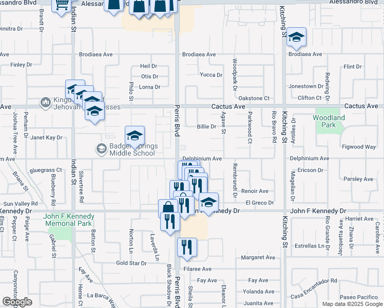 map of restaurants, bars, coffee shops, grocery stores, and more near 14740 Perris Boulevard in Moreno Valley