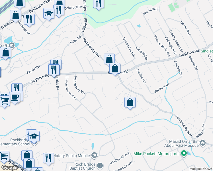 map of restaurants, bars, coffee shops, grocery stores, and more near 5624 Singleton Road in Norcross