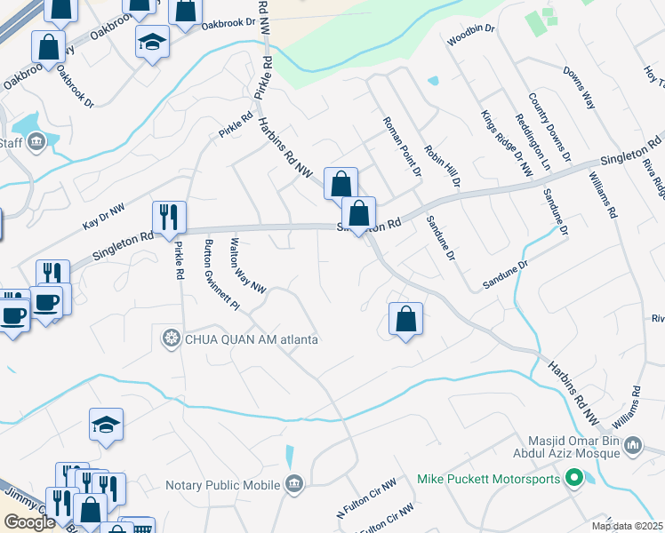 map of restaurants, bars, coffee shops, grocery stores, and more near 5624 Singleton Road in Norcross