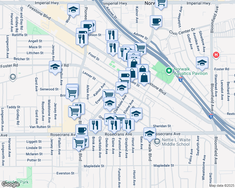 map of restaurants, bars, coffee shops, grocery stores, and more near 13701 Clarkdale Avenue in Norwalk
