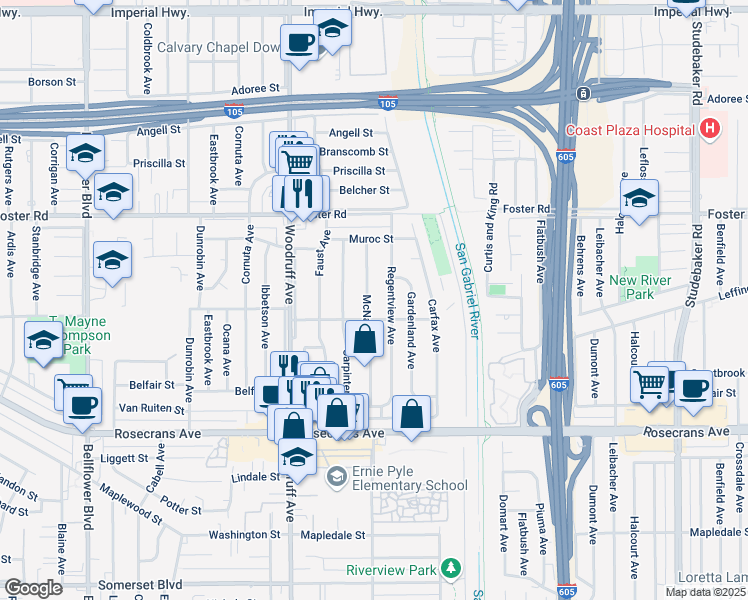 map of restaurants, bars, coffee shops, grocery stores, and more near 13702 McNab Avenue in Bellflower