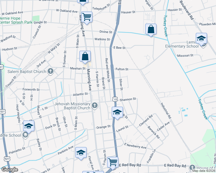 map of restaurants, bars, coffee shops, grocery stores, and more near 201 Brand Street in Sumter